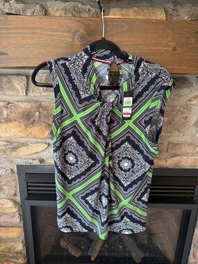 Tommy Hilfiger Sleeveless Printed Tie-Neck Top - Navy & Lime
